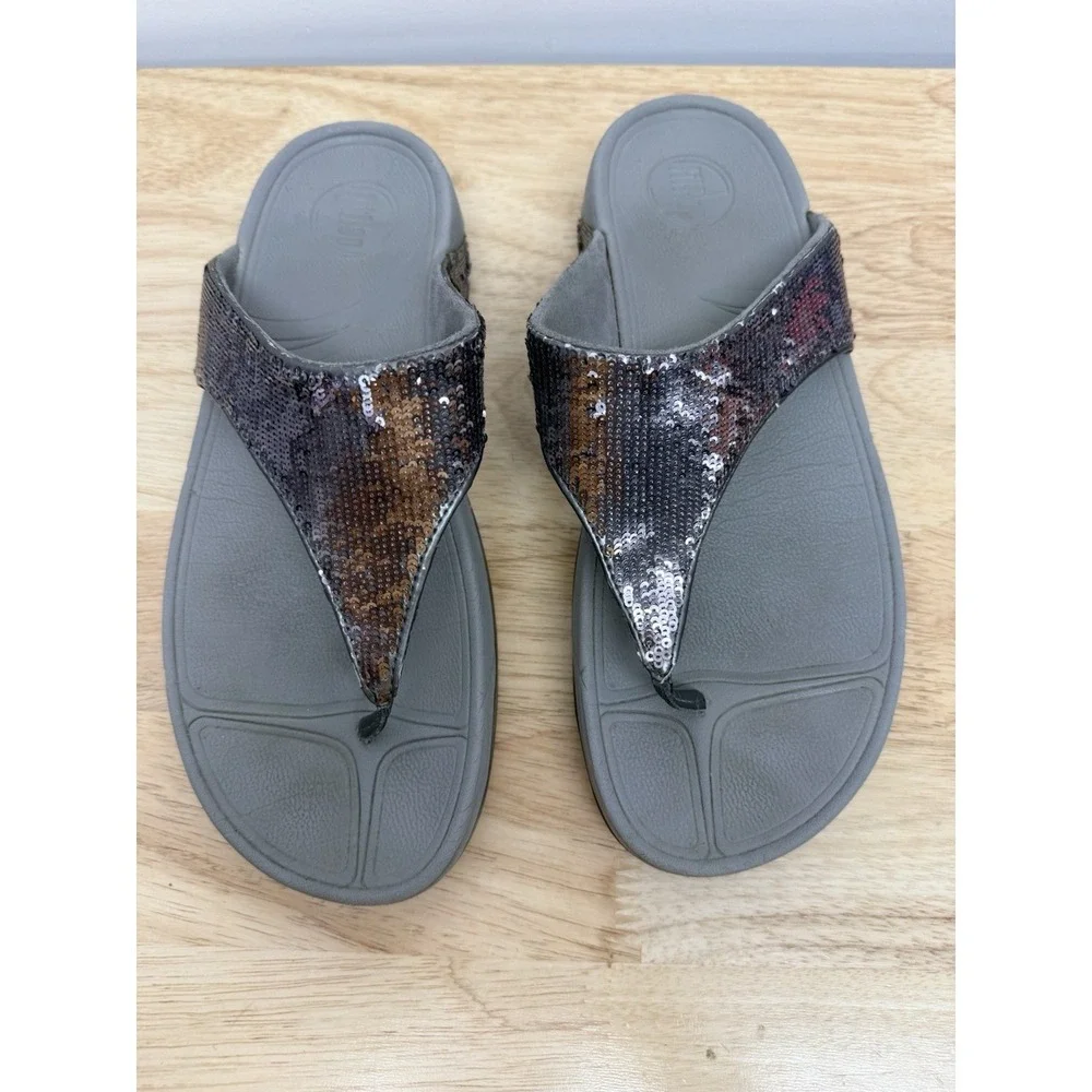 FitFlop Sequin Flip Flops Womens US 10 EU 42 Electra Gray Comfort Sandals #22